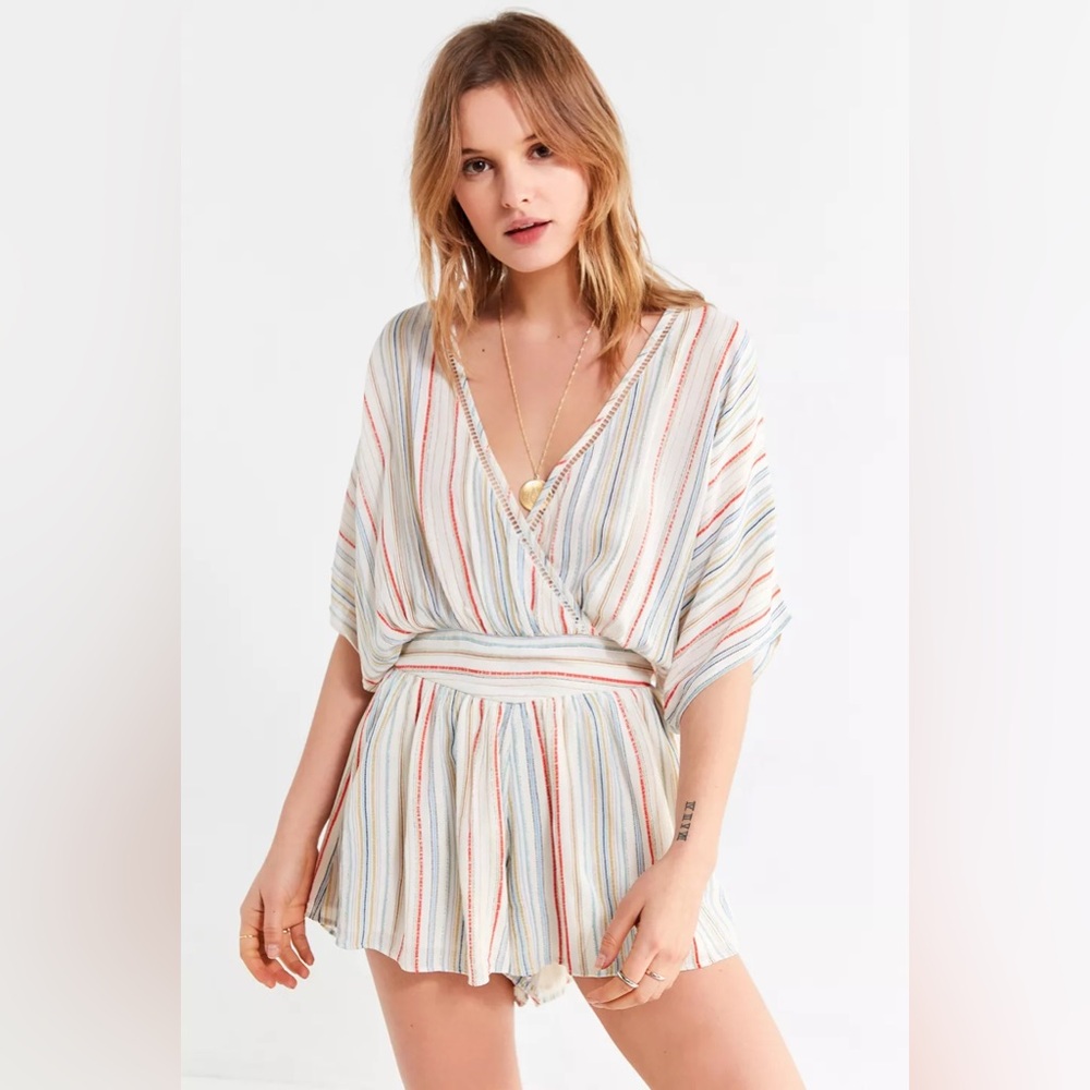 Urban Outfitters Romper Moonstruck Surplice Multicolor Striped V Neck Womens S